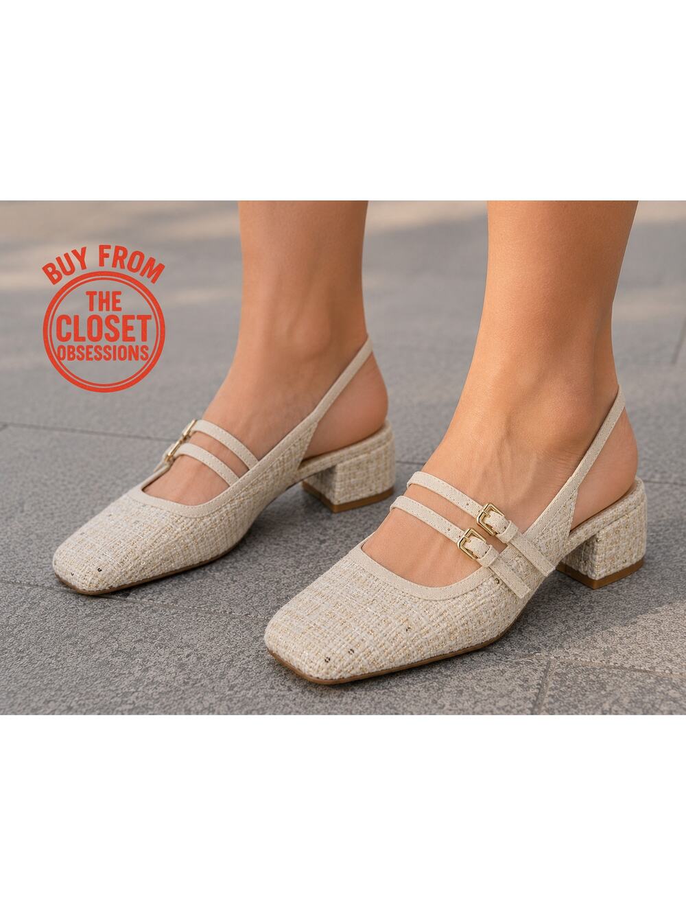 ZARA Tweed Slingback Heels NWT Cream Mary Jane Block Heel Size 7.5